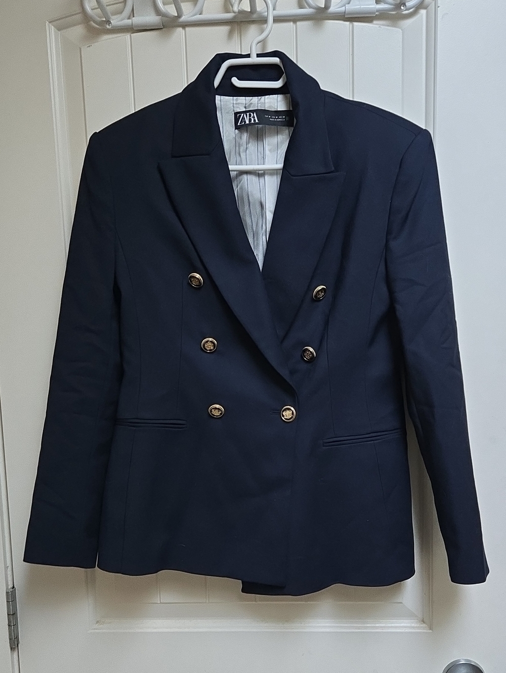 Zara Women's Medoum Navy Blue Double-Breasted Blazer with Gold Buttons
